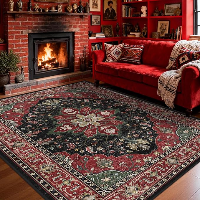 RELEANY Area Rugs 5'x7' Washable Non-Slip, Floral Vintage Distress Print Pattern Medallion Carpet for Living Room Bedroom Dining Room, Red Black