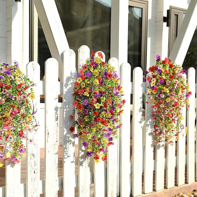 Artificial Flowers for Outdoors Spring Decor, 6 Bundles UV Resistant Realistic Faux Silk Hanging Flowers, Fake Plants for Planter Indoor Outside Garden Porch Patio Balcony Yard Farmhouse（Mix）