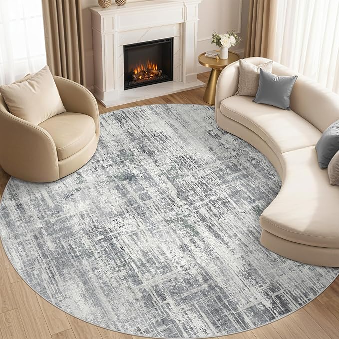 UERMEI 8ft Round Area Rug for Living Room: 8x8 Washable Neutral Abstract Modern Soft Circle Rugs Non Slip Indoor Floor Stain Resistant Carpet for Bedroom Dining Room Office Nursery Gray