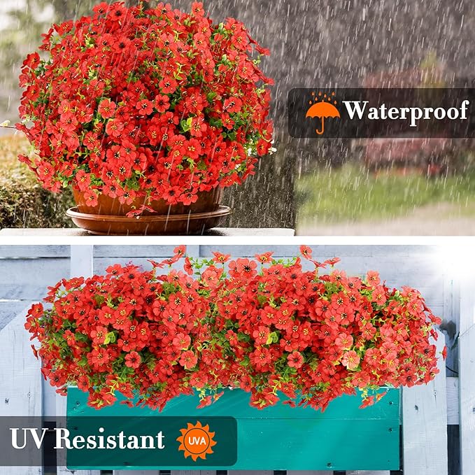 MERIXMAS 24 Bundles Artificial Flowers for Outdoors Decorations, Fake Flowers Artificial Plants Outdoor, Colorful Daisy Eucalyptus Realistic UV Resistant for Garden Patio Porch Home Decor, Red