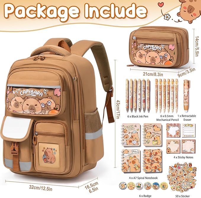 Fimibuke Capybara Backpack for School Girls, 28PCS Capybara Toddler School Supplies Stationery Set with Bookbag Pencil Case Pens Pencils Notebook Easter Gifts for Kindergarten Elementary Student