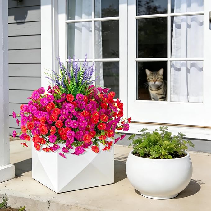 Artificial Flowers Fake Plants for Outdoors Decoration, 12 Bundles Silk Morning Glory with 2PCS Lavender Realistic UV Resistant Faux Spring Flowers for Outside Planter Yard Patio Garden Home Indoor
