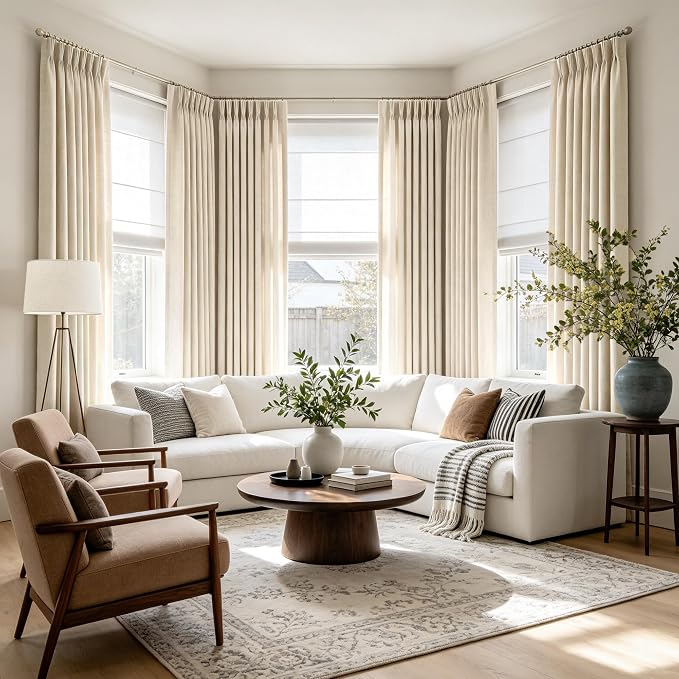 Beige Linen Pinch Pleated Curtains 96 inches Long 2 Panels for Living Room Patio Door Light Filtering Triple Pleat Curtain 96 Length Memory Trained FarmhouseNeutral Flax Linen Drapes 8 ft Apricot