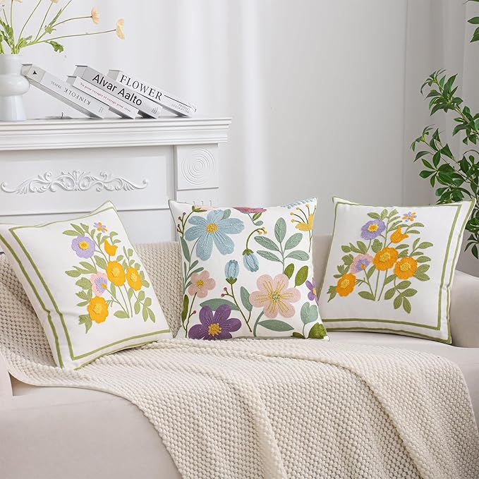 Embroidery Pillow Covers 18x18 Set of 2 Multicolored Flowers Throw Pillow Covers Farmhouse Pillow Cushion Case Spring Summer Decorative Farm Pillowcases Square Rustic Floral Pillow Case