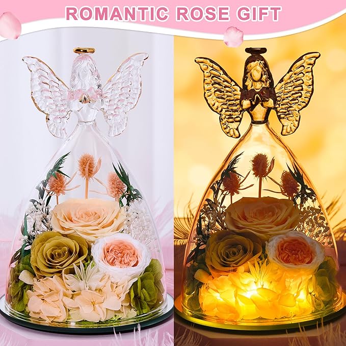 Mothers Day Rose Gifts for Women Preserved Real Flower in Glass Angel Figurines Roses for Delivery Prime Birthday Gifts for Mom Grandma Girlfriend Wife Her, ChampagneGold Austin