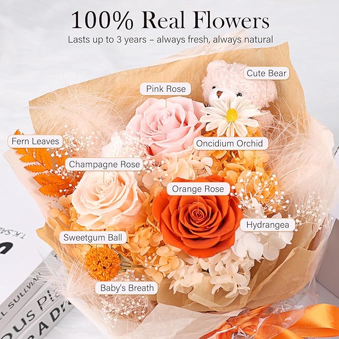 Preserved Flowers Bouquet with Bear, 3 Real Forever Flowers for Delivery, Long-Lasting Orange Eteranl Roses Bouquet, Mothers Day Gifts for Mom Grandma, Anniversary Birthday Gifts for Women Girlfriend