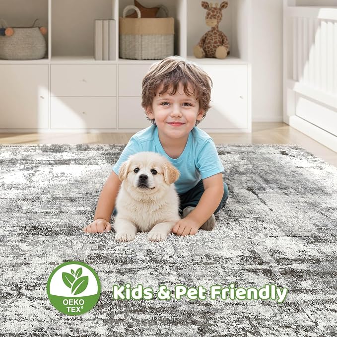 6x8 Area Rug Living Room: Washable Large Abstract Neutral Modern Soft Gray Rug Stain Resistant Indoor Floor Non-Slip Accent Carpet for Bedroom Nursery Playroom Office Dining Room Home Decor