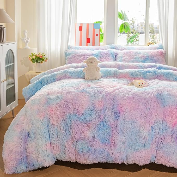 chovy Faux Fur Plush Tie-Dyed Blue Comforter Sets King - Ultra Soft Shaggy Flannel Velvet Fluffy Fuzzy 3PC Bedding Set （Comforter x 1 Pillowcases x 2）