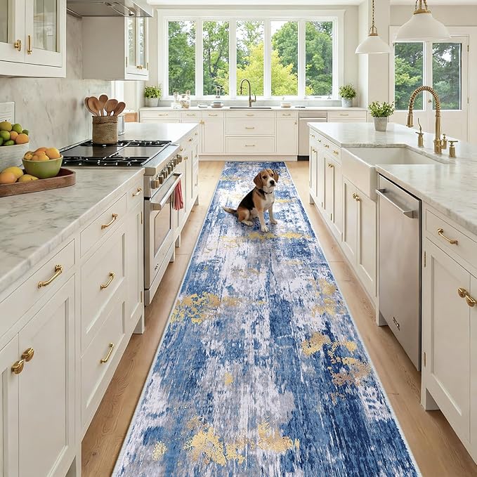RELEANY Washable Area Rugs 2'6'' x14 Non-Slip Modern Abstract Soft for Living Room Entryway Bedroom Nursery, Print Pattern, Grey Blue Gold/Golden