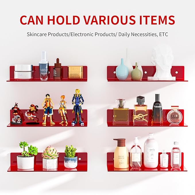 Sezanrpt 15 Inches Red Acrylic Shelves, Wall Mounted Shelves for Bedroom, Wall Display Shelves for Collectibles, Funko Pop, Speaker, Plants, 2 Pack
