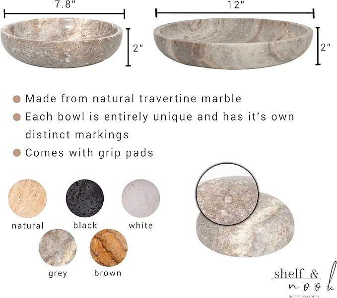 Shelf & Nook Travertine Decorative Bowls for Home Decor. Key Bowl for Entryway Table in a Choice of 5 Colors (White/Gray, Large)