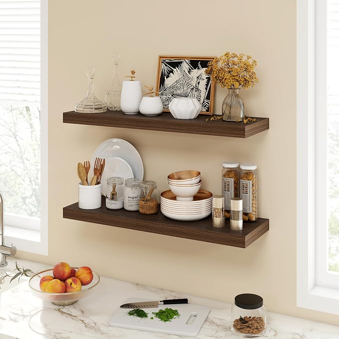 Acovy 30 Inch Floating Shelves, 9.3" Deep Floating Shelf Wall Mounted, 30" Wall Shelves, Rustic Deep Bookshelf, Large Display Shelves & Storage Shelves for Bedroom, Living Room, Walnut, Set of 2