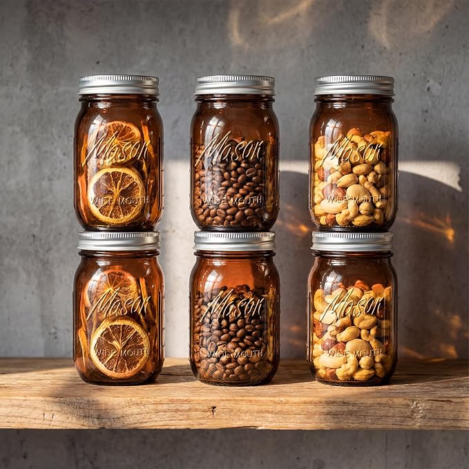 Rubtlamp Amber Mason jar 32 oz, 12 Pack Glass Jars - Wide Mouth Mason Jars with Airtight Lids for Pickling, Fermenting, Food Storage&DIY Crafts, Microwave & Dishwasher Safe