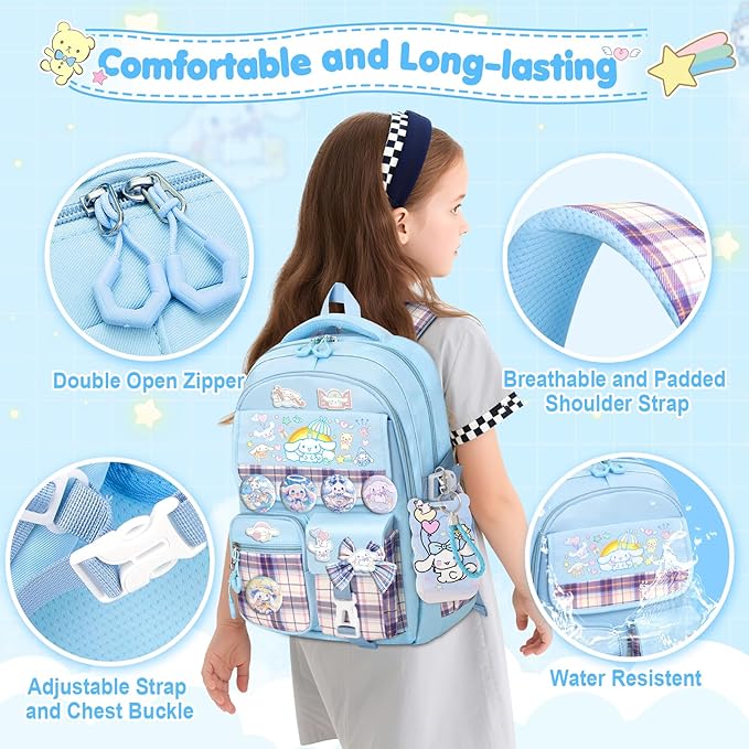 KIEAL 16.5/19IN School Backpack for Girls with 24Pcs Accessories, Anti-Theft Kids Backpack for Students, New Semester Presents with Pins and Card Holder