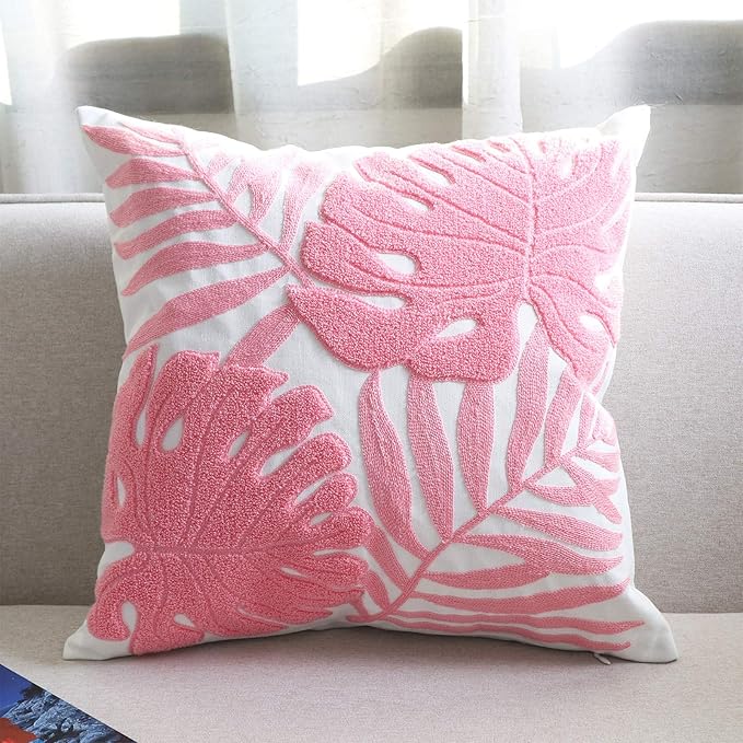 Embroidery Throw Pillow Cover 18x18 Home Decor Floor Pillow Cover for Couch Sofa Chair 100% Cotton Loop Embroidered Pink Tropical Leaves Cushion Cover Square Pillowcase 45x45cm, 1 Piece