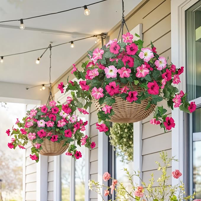 HyeFlora Artificial Flowers for Outdoors 2PCS Faux Petunias Silk Fake Flowers for Outside Planter UV Resistant Realistic Home Garden Porch Decor (Pink)