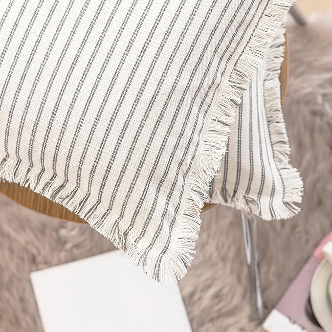 YEENAASY Throw Pillow Covers 18x18 Set of 2 Striped Fringe Pillow Cover Farmhouse Cushion Covers with Tassel Neutral Boho Pillows Decorative Square Pillowcase for Couch Sofa Bed, Grey