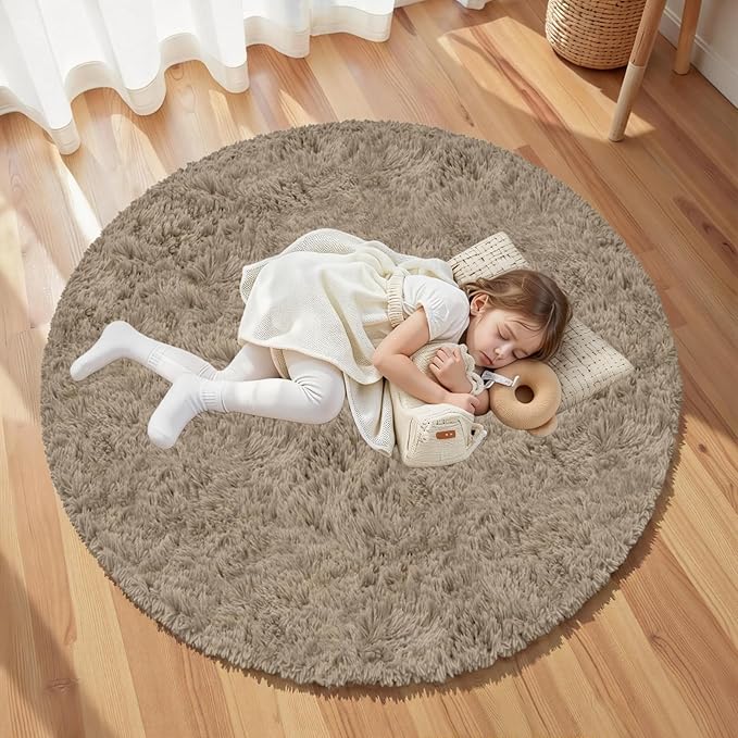 Gray Camel Round Fluffy Rug 6ft,Soft Bedroom Circle Rugs Mats for Kids Girls Nursery Room,Washable Plush Shaggy Indoor Non Slip Rug for Bedside Living Room Bedroom Circular Carpet,Home Decor Aesthetic