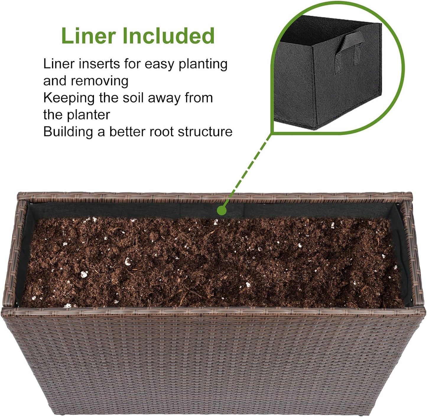 LEWIS&WAYNE Large Rectangular Block Planter Box Handmade Wicker Tall Planters for Outdoor Plants with Removable Liners Modern Planter for Indoor Outdoor Patio Deck - Brown, 32''x11''x24''