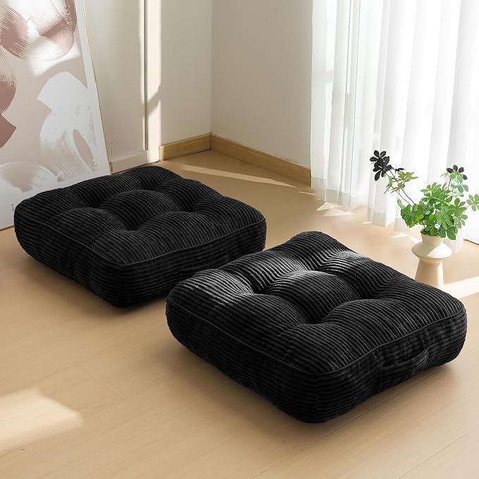 HIGOGOGO 6" Extra Thick Floor Pillow Cushion for Adults, Meditation Cushion Pillow, Large Square Floor Sitting, Tufted Corduroy Cover, for Tatami Living Room or Yoga, 22x22 Inch, 2Pack, Black