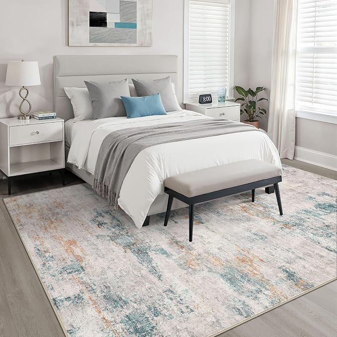 5x7 Area Rugs Living Room: Washable Large Neutral Aqua Brown Rug Abstract Soft Modern Stain Resistant Indoor Floor Non-Slip Carpet for Bedroom Nursery Kids Office Playroom Dining Room Under Table