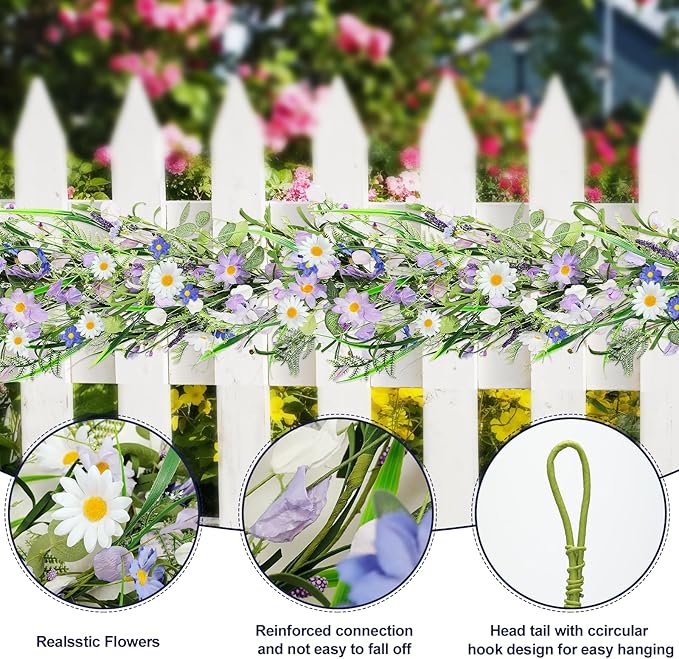 2PCS 6ft Spring/Summer Daisy Garland with Flowers, Faux Daisy and Lavender Flower Garland Artificial with Floral Lanvender for Baby Shower Wedding Mantle Fireplace Table Centerpiece Decor