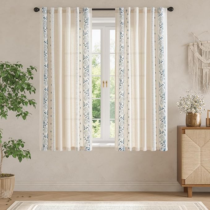 jinchan Winslow Linen Curtains for Bedroom 72 Inches Length Embroidered Bordered Floral Curtains for Living Room Farmhouse Decor Light Filtering Window Treatments Blue on Beige Drapes 2 Panels