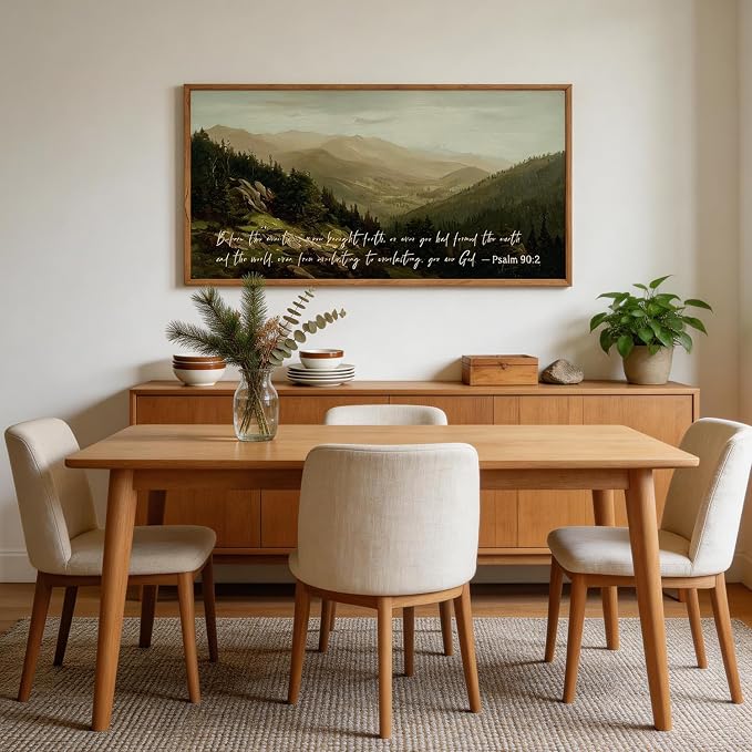 CHDITB Bible Verses Quotes Scripture Psalm 90:2 Wall Art Framed, Neutral Boho Farmhouse Christian Mountain Landscape Canvas Artwork, Large Vintage Religious Biblical Nature Smoky Forest Painting Decor for Living Room Office (40"L x 20"W)