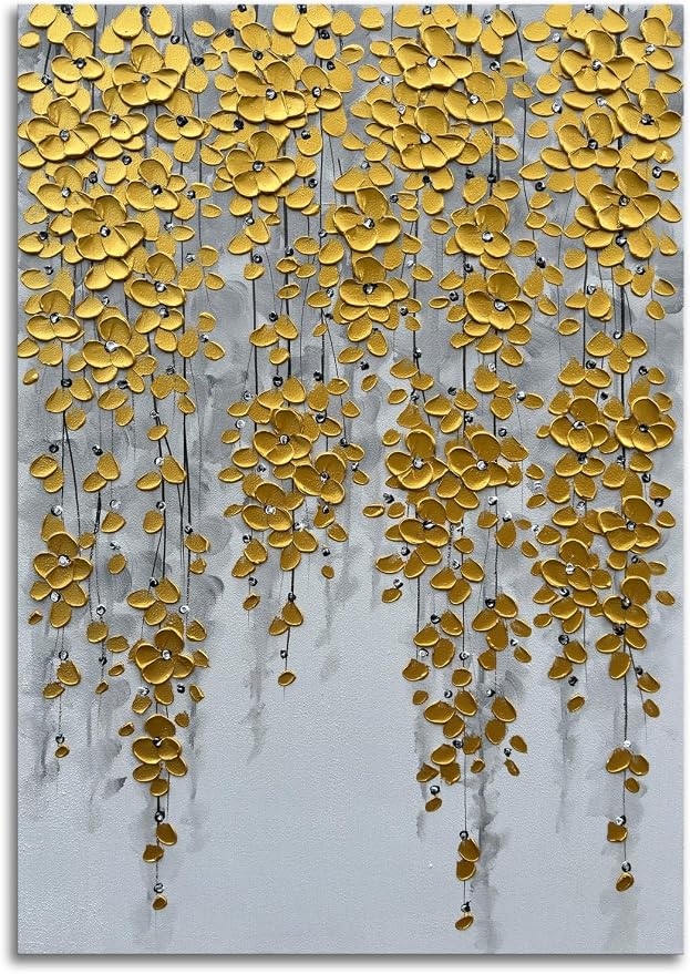 zoinart 3D Modern Oil Painting on Canvas Hand Painted Abstract Flower Paintings Gold Floral Artwork Texture Vertical Canvas Wall Art Contemporary Art