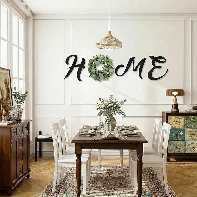Pinkpum Wood Home Sign with Artificial Eucalyptus Wreath for O, Hanging Farmhouse Wall House Decor Wood Letters for Wall Art Rustic Home Decor, Wall Decor for Living Room Kitchen Entryway (Black)