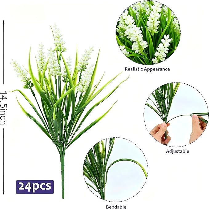 Geegoods Artificial Plants Flowers Outdoor – 24 Bundles UV Resistant Faux Lavender Flowers with Monkey Grass for Garden Porch Window Patio Hanging Planter Decor
