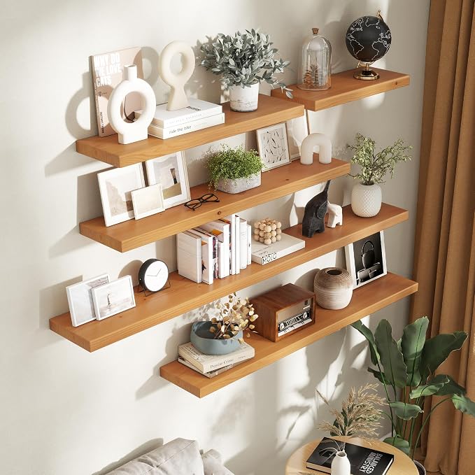 Axeman 55 Inch Floating Shelves for Wall, 9.3" Deep High End Solid Real Wood Wall Shelves with Heavy Duty Invisible Bracket for Living Room, Bedroom, Kitchen, Bathroom, Set of 1, Natural