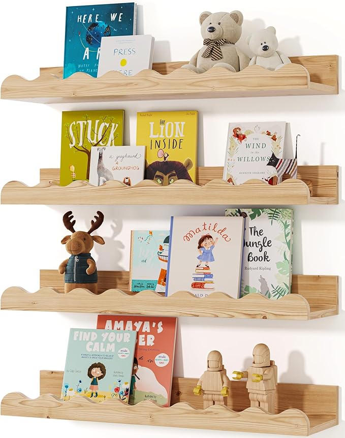 Seocry Kids' Bookshelf Set of 4 - Wood Floating Nursery Book Shelves, Picture Ledge Shelf for Wall Decor and Storage - Perfect for Books, Toys, Photo Frames, and Nursery Décor