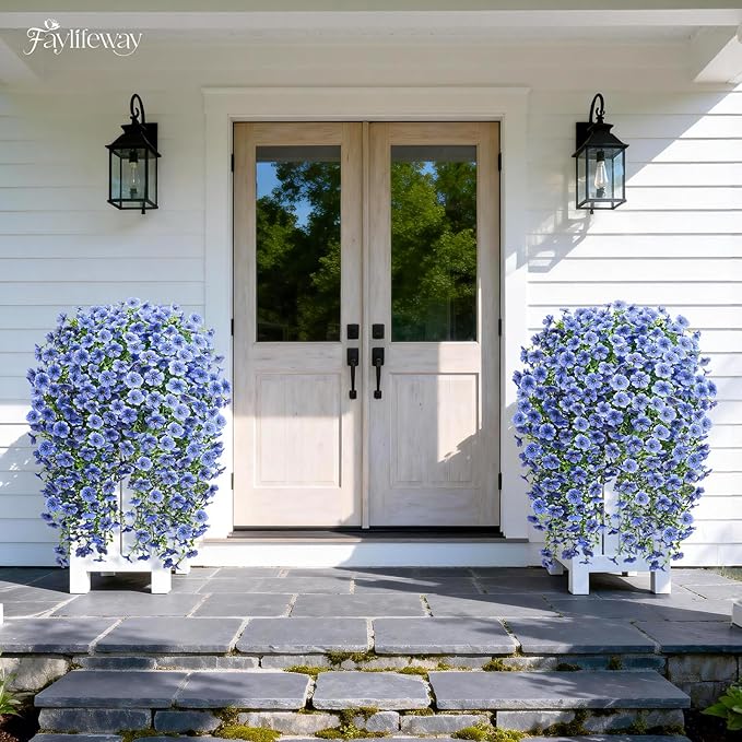 Artificial Hanging Flowers for Outdoors Spring Summer Decoration, 4PCS UV Resistant Silk Fake Hanging Plants for Patio Porch Front Yard Window Garden Indoor Decor(Blue,4PCS)