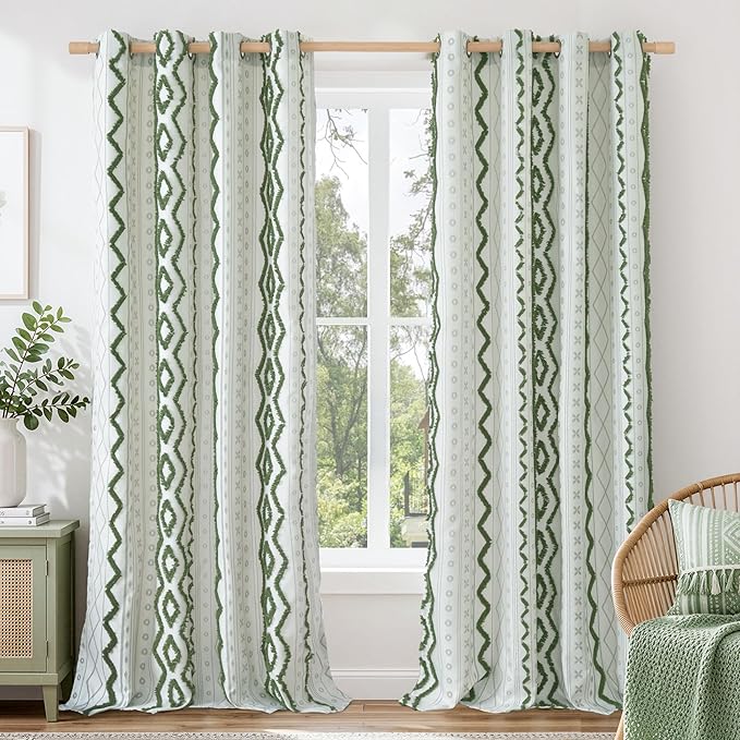BGment Jacquard Linen Green Curtains for Living Room, Boho Tufted Striped Geometric Drapse with Grommet for Bedroom Privacy Light Filtering, 52 X 90 Inch
