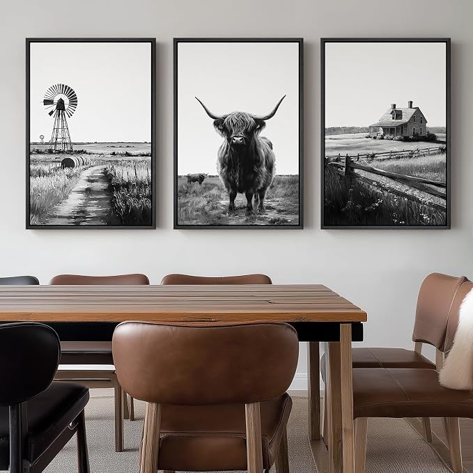 Large Framed Black and White Wall Art for Living Room, Modern Highland Cow Canvas Prints Paintings Set of 3 Pieces, Contemporary Farmhouse Barn Windmill Pictures for Bedroom Dining Room Hallway Wall Decor 20x30 Inch