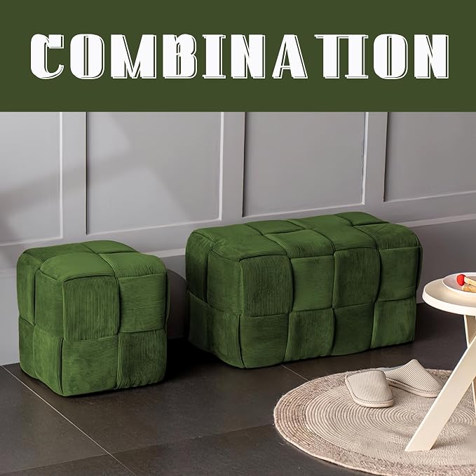 Cmishe 28" Rectangular Woven Corduroy Ottoman Footrest - Large Modern Entryway Bench & Bed End Stool, Sturdy Wood Frame, No Assembly (Green-L)