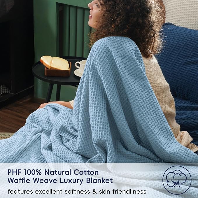 PHF Pre-Washed 100% Cotton Waffle Weave Throw Blanket for Couch, Lightweight Breathable Bed Blanket for Spring Summer, Snag Proof Machine Washable, Home Decor Gift - Dusty Blue