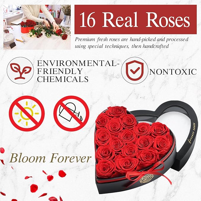 HERBMOTG 16 Forever Real Roses in Heart-Shaped Box with a Curved Design, Grade A Quality-Preserved Roses for Birthday, Mothers Day & Valentines Day (Red)