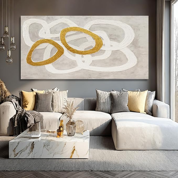 Dolidoteart Beige White Gold Abstract Wall Art, Large Canvas Wall Art for Living Room Office, Neutral Hand-Painted Style Horizontal Wall Decor, 29x58 Inch
