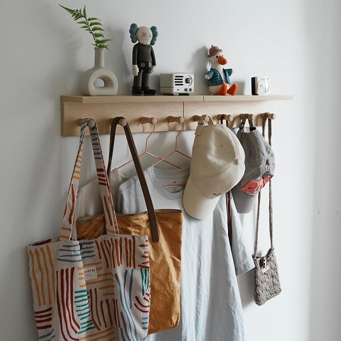 Entrance Coat Rack ，Coat Hooks, Wall-Mounted Wooden Hook Rack, Wall-Mounted Shelves are Very Suitable (Birch Colored Finish)