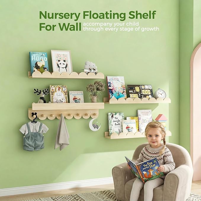 24 Inch Floating Shelves for Wall, 4-Pack Nursery Book Shelves with Hooks, Scalloped Shelves, Wall Book Shelves for Kids Room, Toddler Room, Baby Room, Nursery Decor