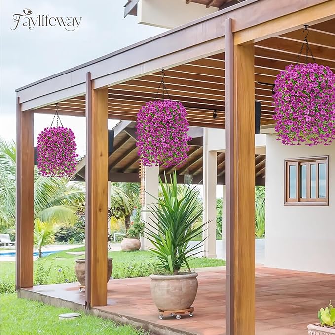 Artificial Hanging Flowers for Outdoors Spring Summer Decoration, 4PCS UV Resistant Silk Fake Hanging Plants for Patio Porch Front Yard Window Garden Indoor Decor(Purple,4PCS)