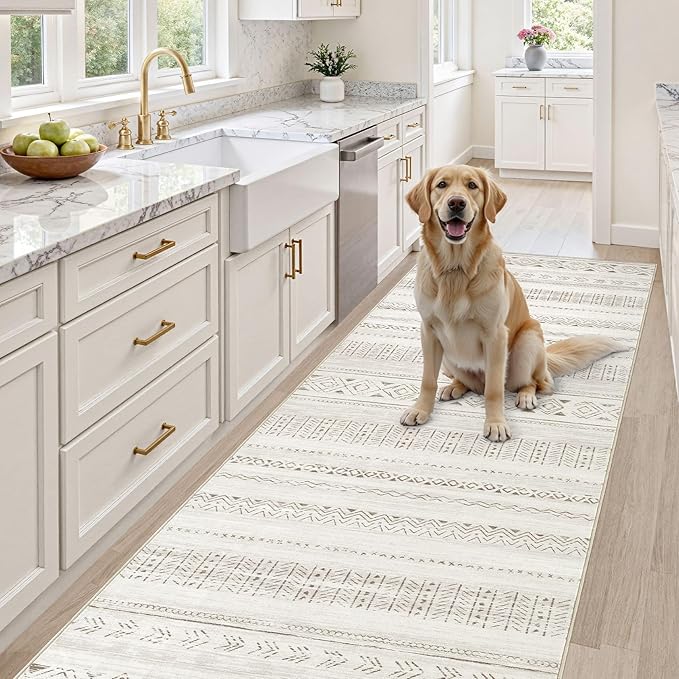cotiled Hallway 3x12 Runner Rugs: Washable Boho Rugs with Non Slip Backing Large Soft Indoor Stain Resistant Carpet for Living Room Bedroom Farmhouse Dining Room Lightweight Home Decor L Brown/Cream