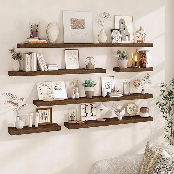 Fun Memories Floating Shelves for Wall, 20 Inch Floating Shelves Set of 2, Hanging Shelf with Invisible Brackets, Wood Shelves for Living Room, Bedroom, Kitchen, Walnut