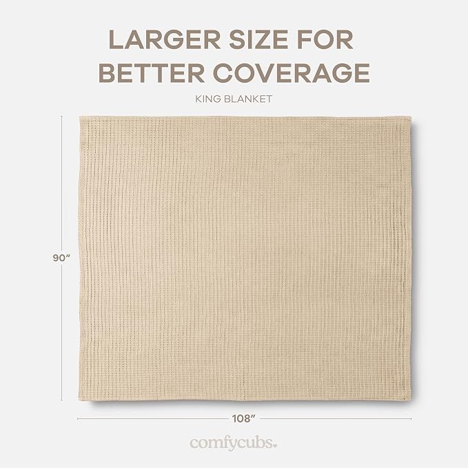 Comfy Cubs Waffle Blanket King, 108" x 90" - 100% Cotton Lightweight Breathable Bed Blanket - Soft Textured Thermal Weave for All Seasons – Decorative Cozy Layer for Couch, Sofa, or Bed - Sand
