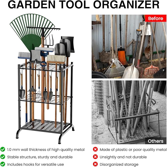 RANXFLOAT Garden Tool Organizer with Storage Hooks, Yard Tool Tower Rack for Garage Organization and Storage, Up to 35 Long-Handled Tools, Metal Tool Holder with 6 Hooks, Black