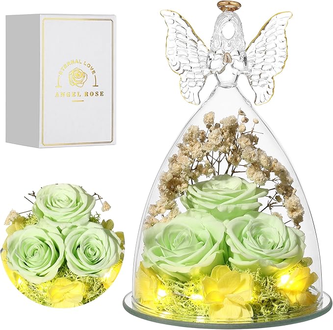 Mothers Day Rose Gifts for Women Preserved Flowers in Glass Angel Forever Flowers Gifts Eternal Roses Gifts for Grandma, Green