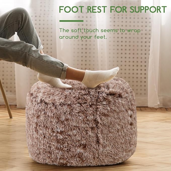 HIGOGOGO Round Stuffed Pouf Ottoman, Long Faux Fur Poufs with Foam Chunk Filling, Fluffy and Furry Pouf Foot Stool Storage Ottoman, 26 X 18 Floor Poufs Foot Rest for Living Room,Coffee