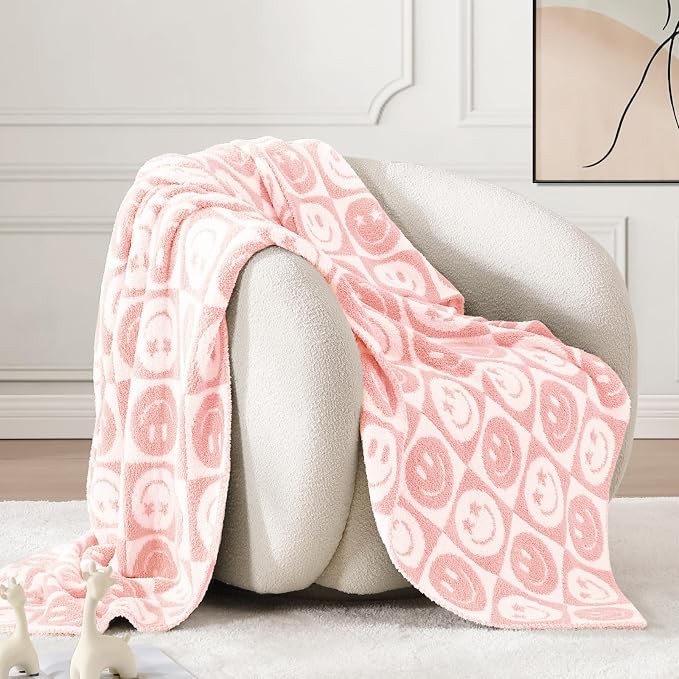 WRENSONGE Soft Checkered Throw Blanket for Couch-Cozy Warm Knitted Blankets | Lightweight Warm Fluffy Decor for Women, Mom, Her & Girls, Sofa, Chair, Bed, 50x60in,Blossom Smiling Face
